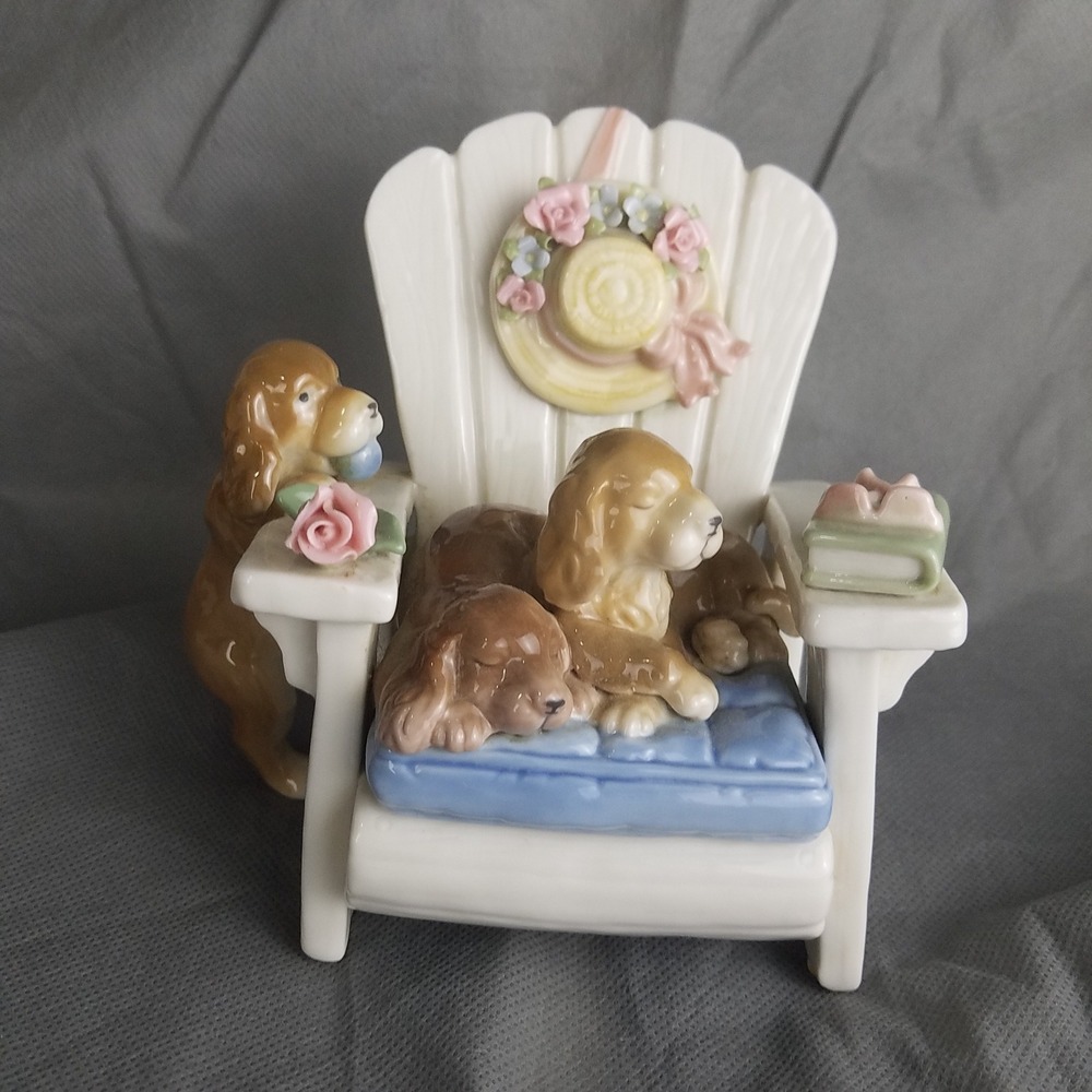 Adorable Ceramic Dog Figurine Sitting in Adirondack Chair with Hat‎ Roses
